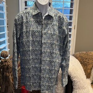 TALLIA Men's Blue, Green and White Sophisticated Patterned Dress Shirt